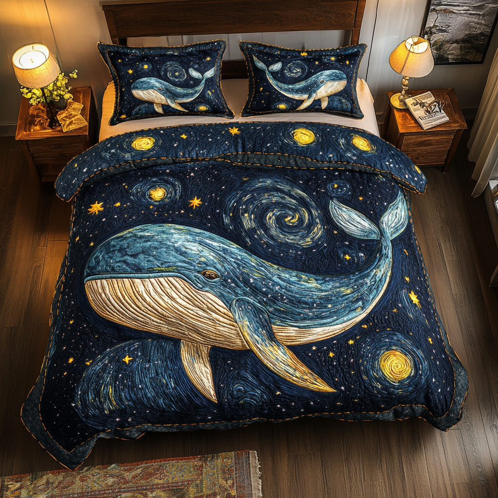 Deep Blue Drift Quilted Bedding Set Best Bedspread Set Gift For Whale Lover