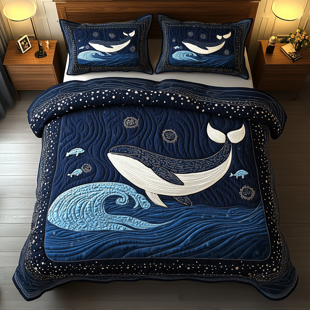 Deep Blue Drift Quilted Bedding Set Lovely Bedroom Gift Idea for Housewarming