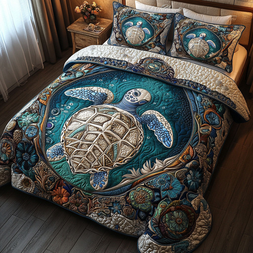 Deep Blue Escape Quilted Bedding Set Best Bedspread Set Sea Turtle Gifts For Her