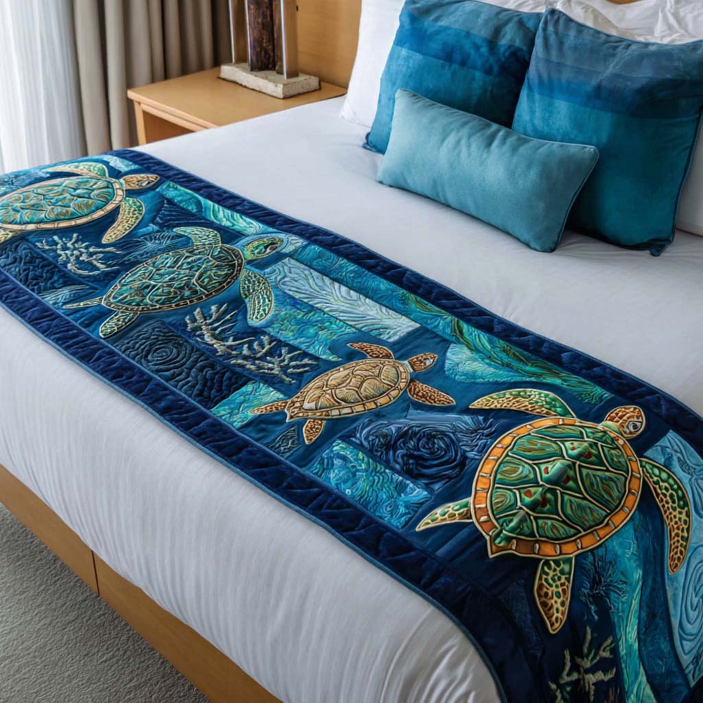 Deep Blue Guardian Quilted Bed Runner Bedroom Decor Sea Turtle Gifts For Her