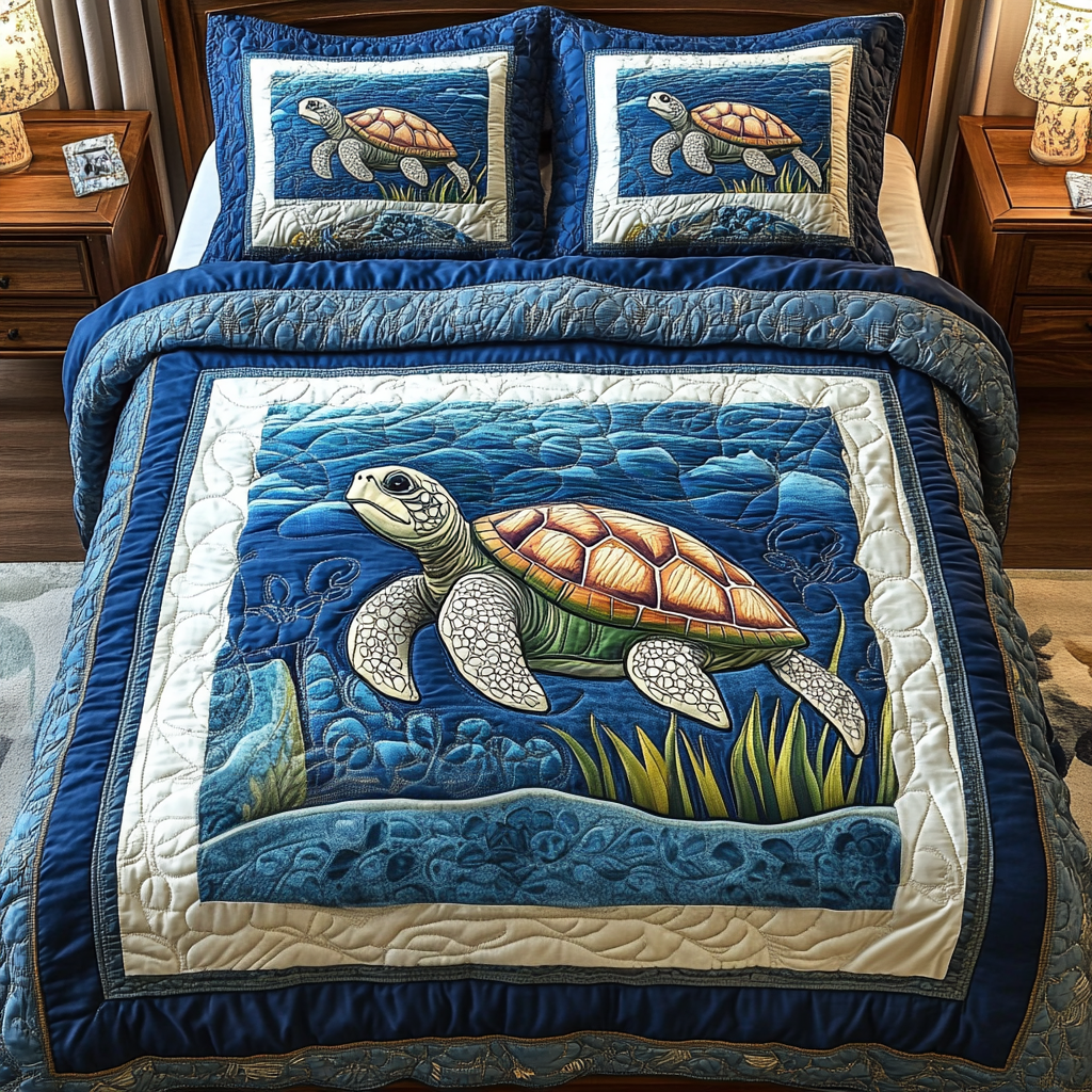 Deep Blue Haven Quilted Bedding Set Best Bedspread Set Sea Turtle Gifts For Her
