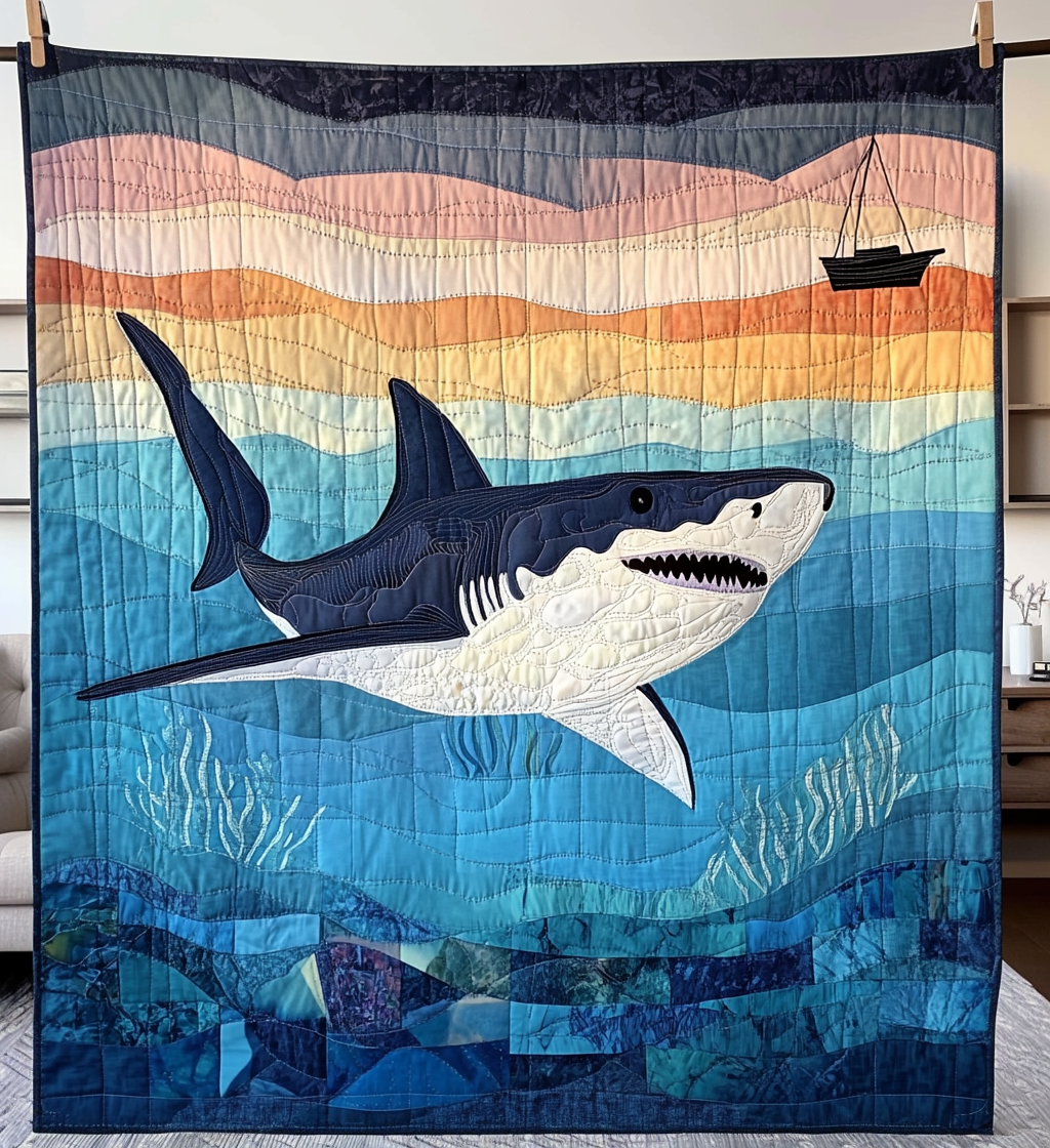 Deep Blue Hunter Quilted Blanket Shark Gifts For Adults
