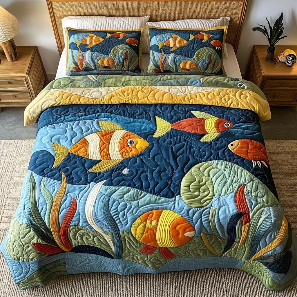Deep Blue Quilted Bedding Set Bedroom Decor Ideas Gift Ideas For Fish Lovers