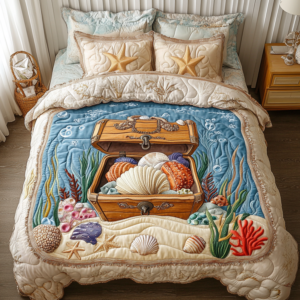 Deep Blue Quilted Bedding Set Starfish Bedspread Set Ocean Themed Christmas Gifts