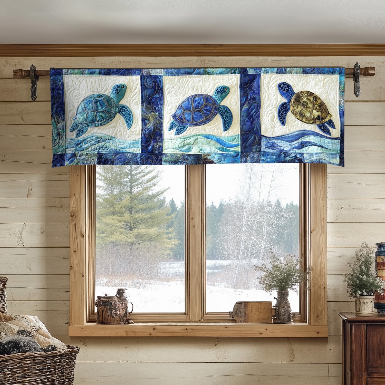 Deep Blue Voyage Quilted Valance Dining Room Decor Sea Turtle Themed Gifts