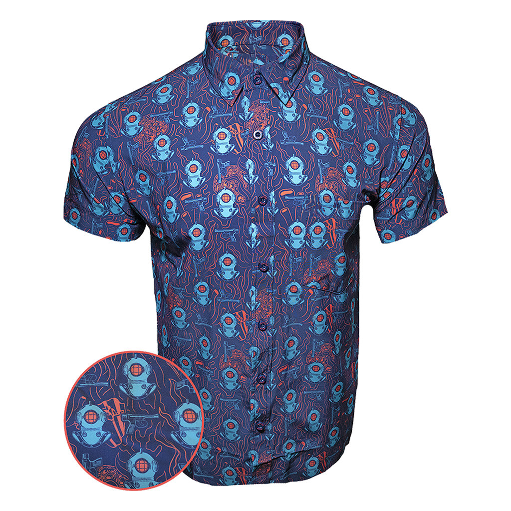 Deep Dive Navy Orange Button Down Shirt Gun Print Hawaiian Shirt Christmas Presents For Men