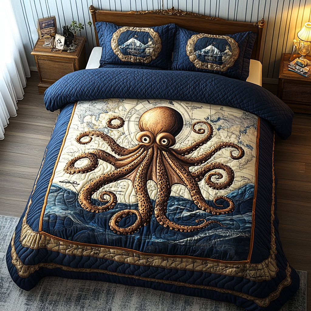Deep Sea Journey Quilted Bedding Set Bed Decor Ideas Unique Octopus Gifts