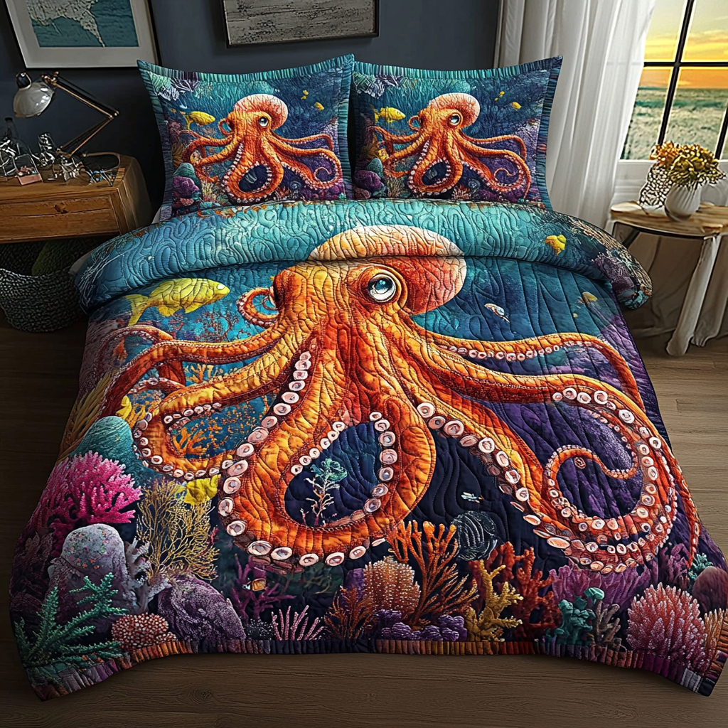 Deep Sea Octopus Quilted Bedding Set Bed Decorations Octopus Gifts For Him Her