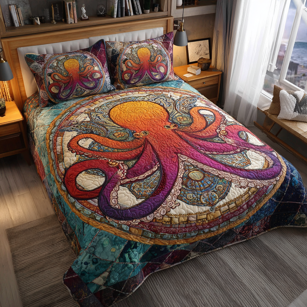 Deep Sea Octopus Quilted Bedding Set Bed Room Decoration Gifts For Octopus Lovers