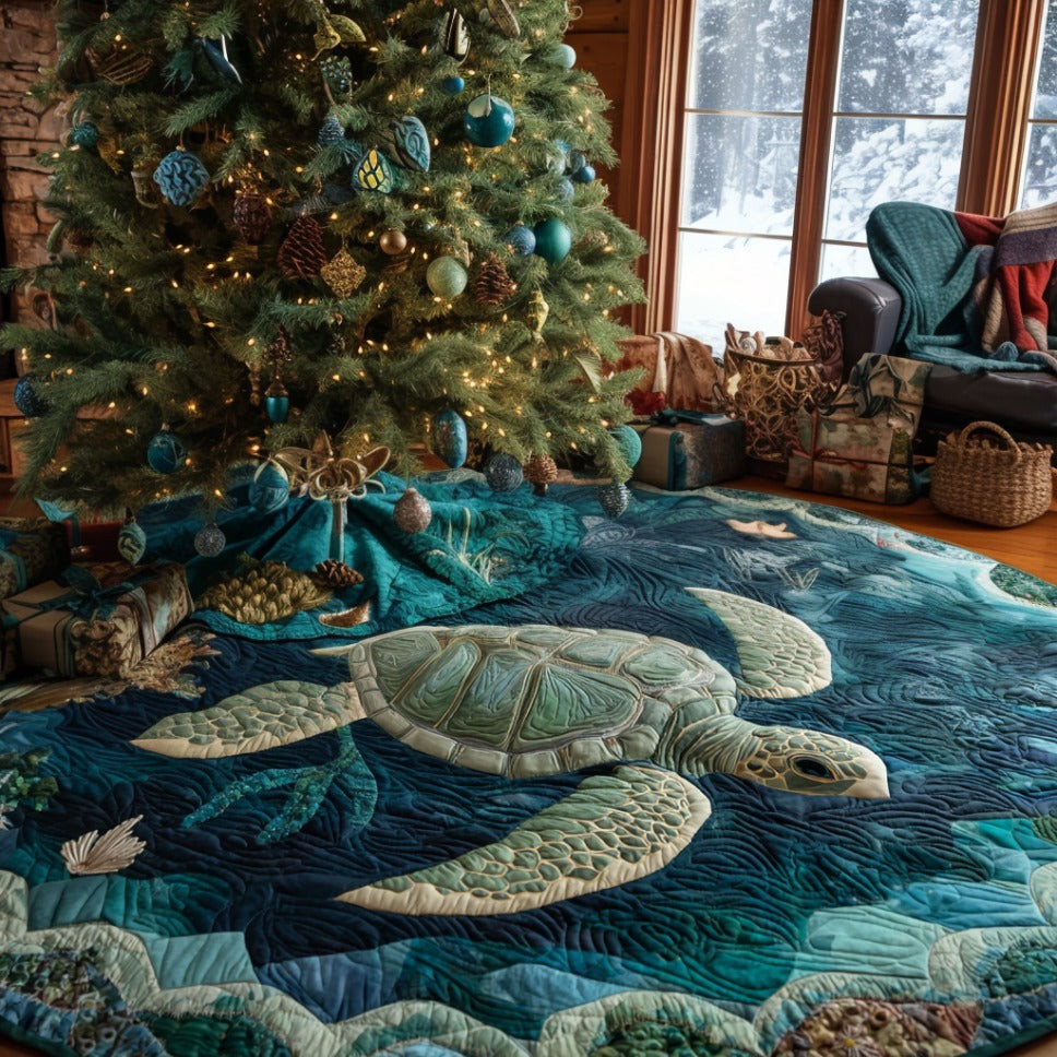Deep Sea Turtle Christmas Quilted Tree Skirt Holiday Decor Turtle Lover Christmas Gifts