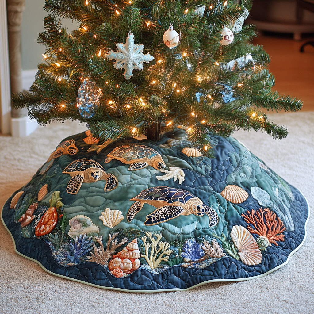 Deep Serenity Christmas Quilted Tree Skirt Xmas Tree Decor Christmas Gift For Turtle Lovers