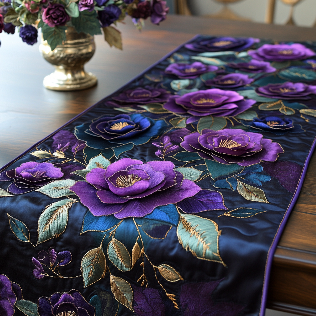Deep Violet Bloom Quilted Table Runner Flower Table Runner Gifts For Flower Enthusiasts