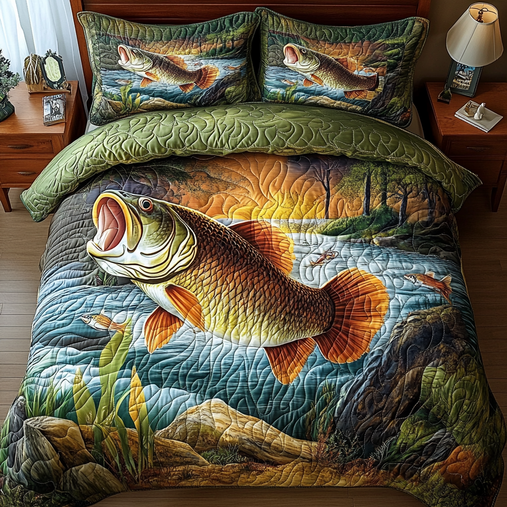 Deep Water King Quilted Bedding Set Unique Bed Sheet Set Best Fishing Gifts