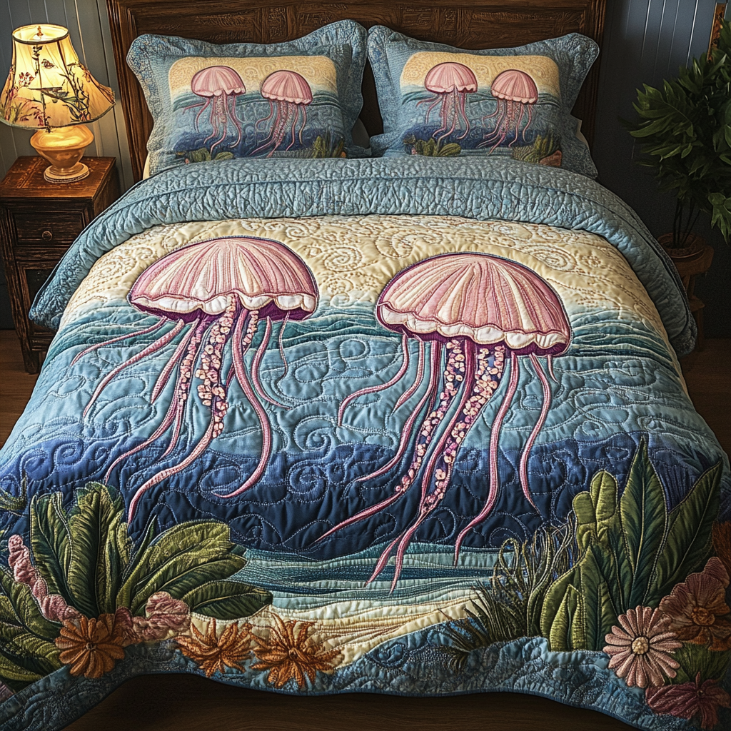 Deep Waters Quilted Bedding Set Bed Decor Unique Jellyfish Gifts