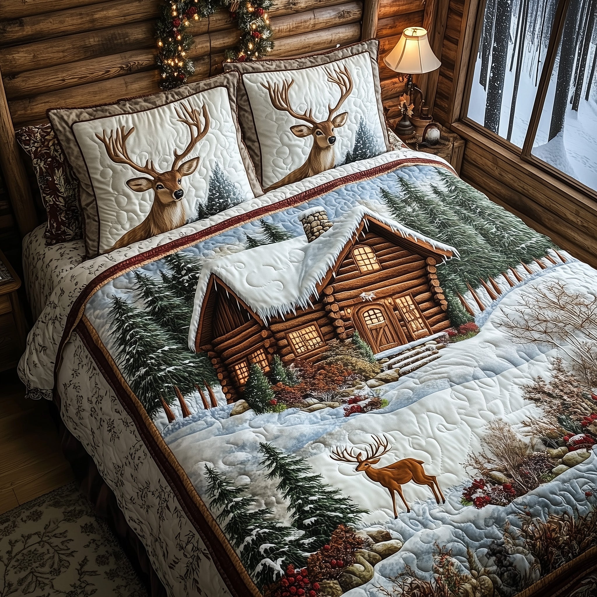 Deer and Cabin Quilted Bedding Set Duvet Cover Merchandise Best Gifts For Deer Lovers