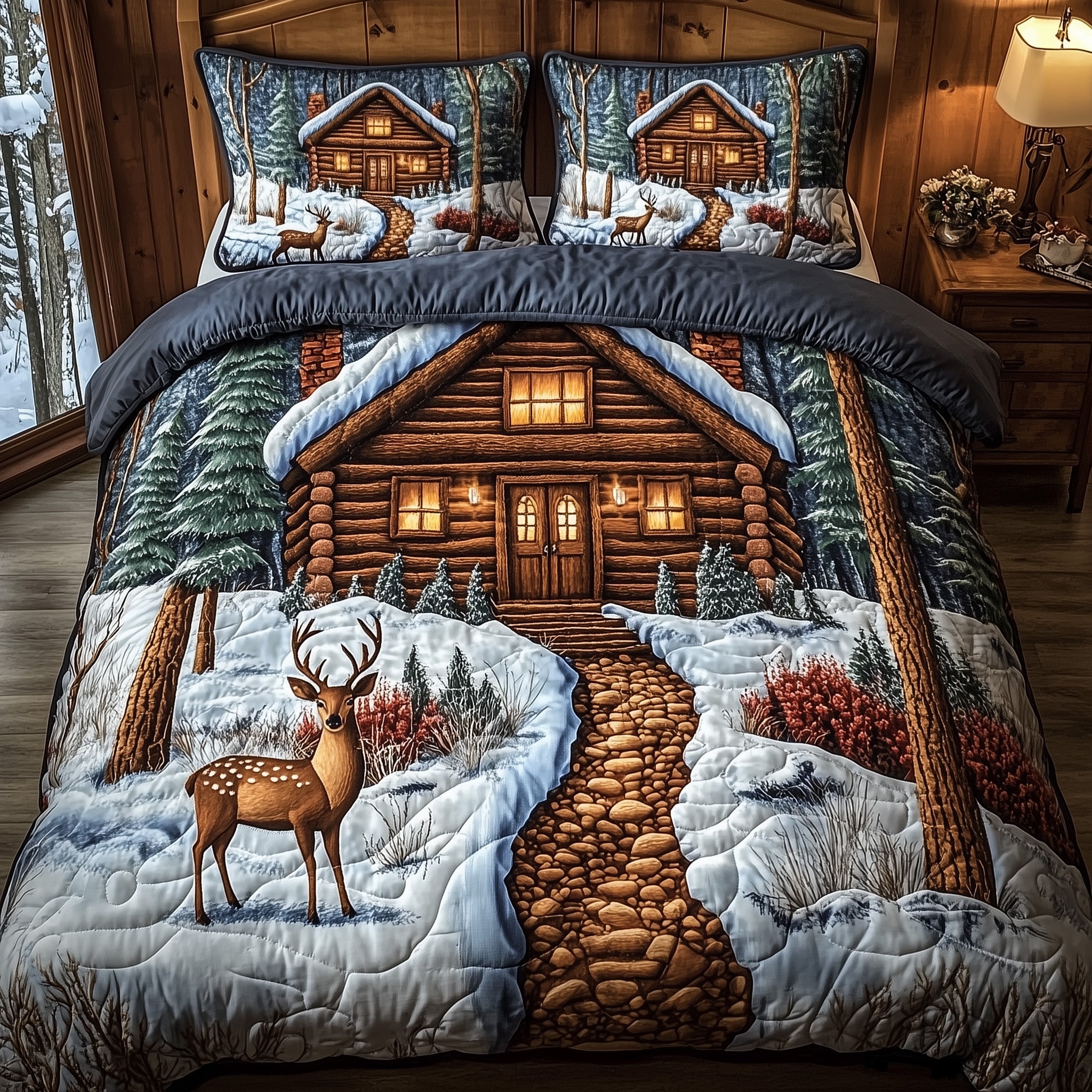 Deer and Cabin Quilted Bedding Set Duvet Cover Merchandise Christmas Gifts For Deer Hunters