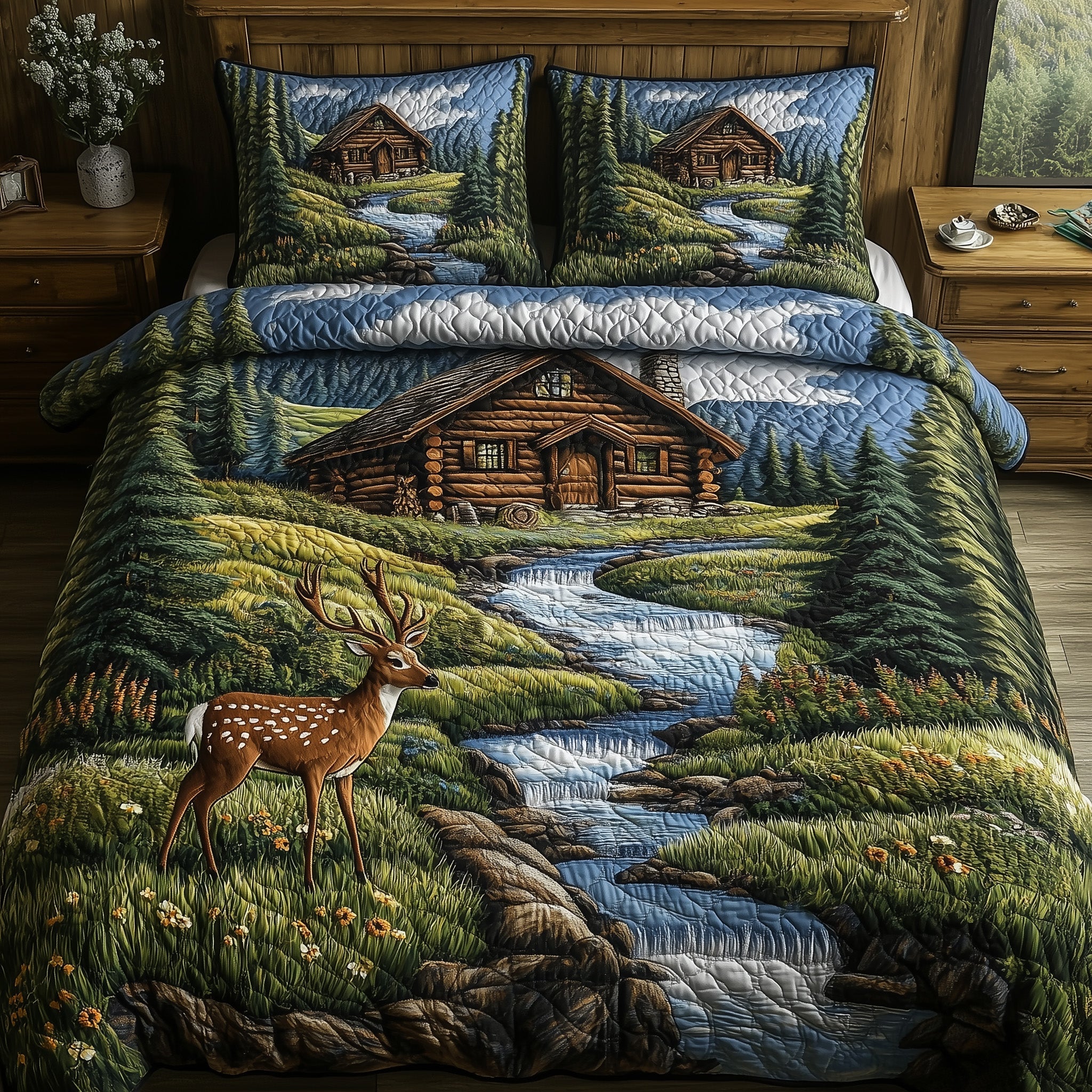 Deer and Cabin Quilted Bedding Set Duvet Cover Merchandise Deer Gifts For Brothers