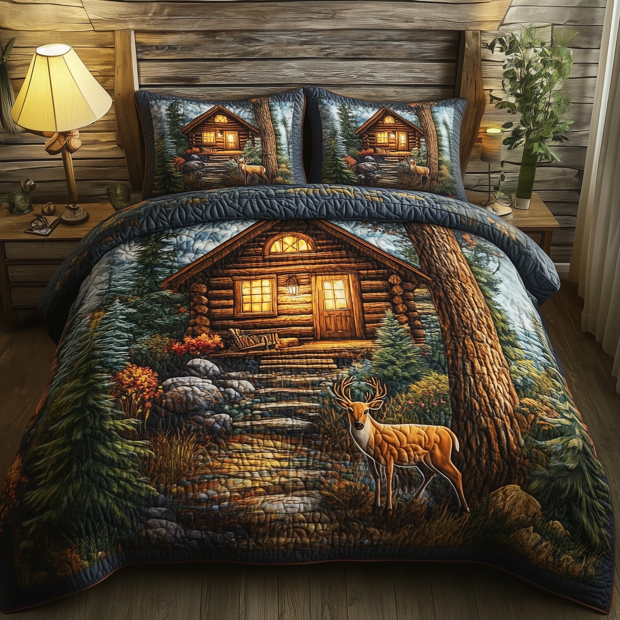 Deer and Cabin Quilted Bedding Set Duvet Cover Merchandise Deer Gifts For Dad Father's Day Ideas