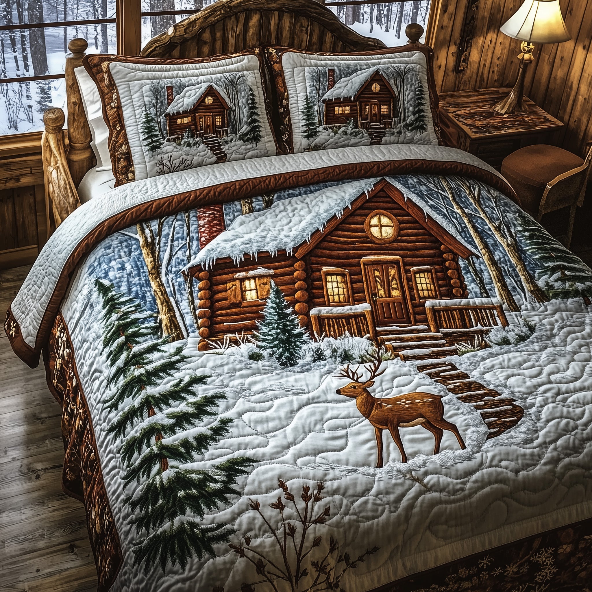 Deer and Cabin Quilted Bedding Set Duvet Cover Merchandise Deer Gifts For Friends