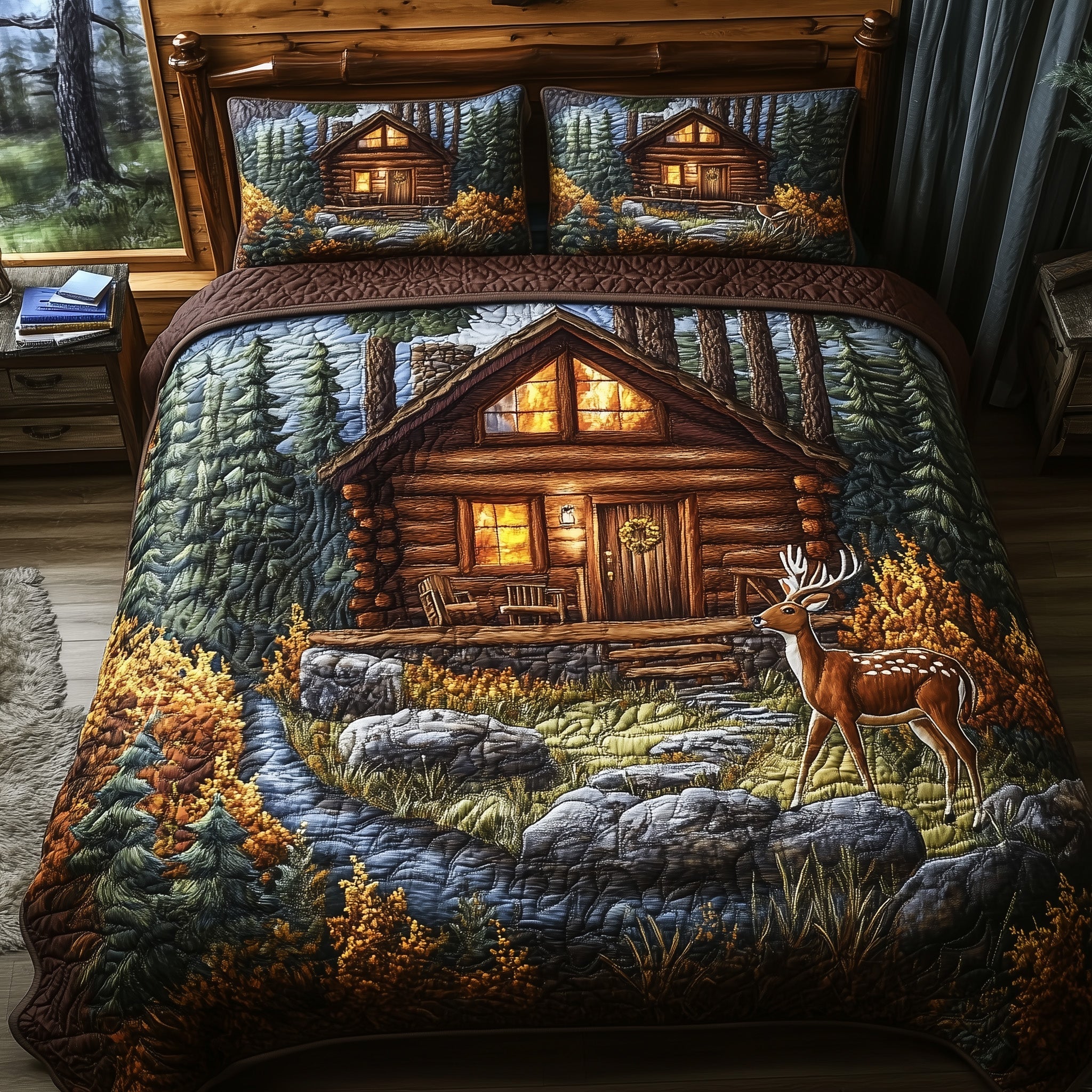 Deer and Cabin Quilted Bedding Set Duvet Cover Merchandise Deer Hunters Gifts For Dad