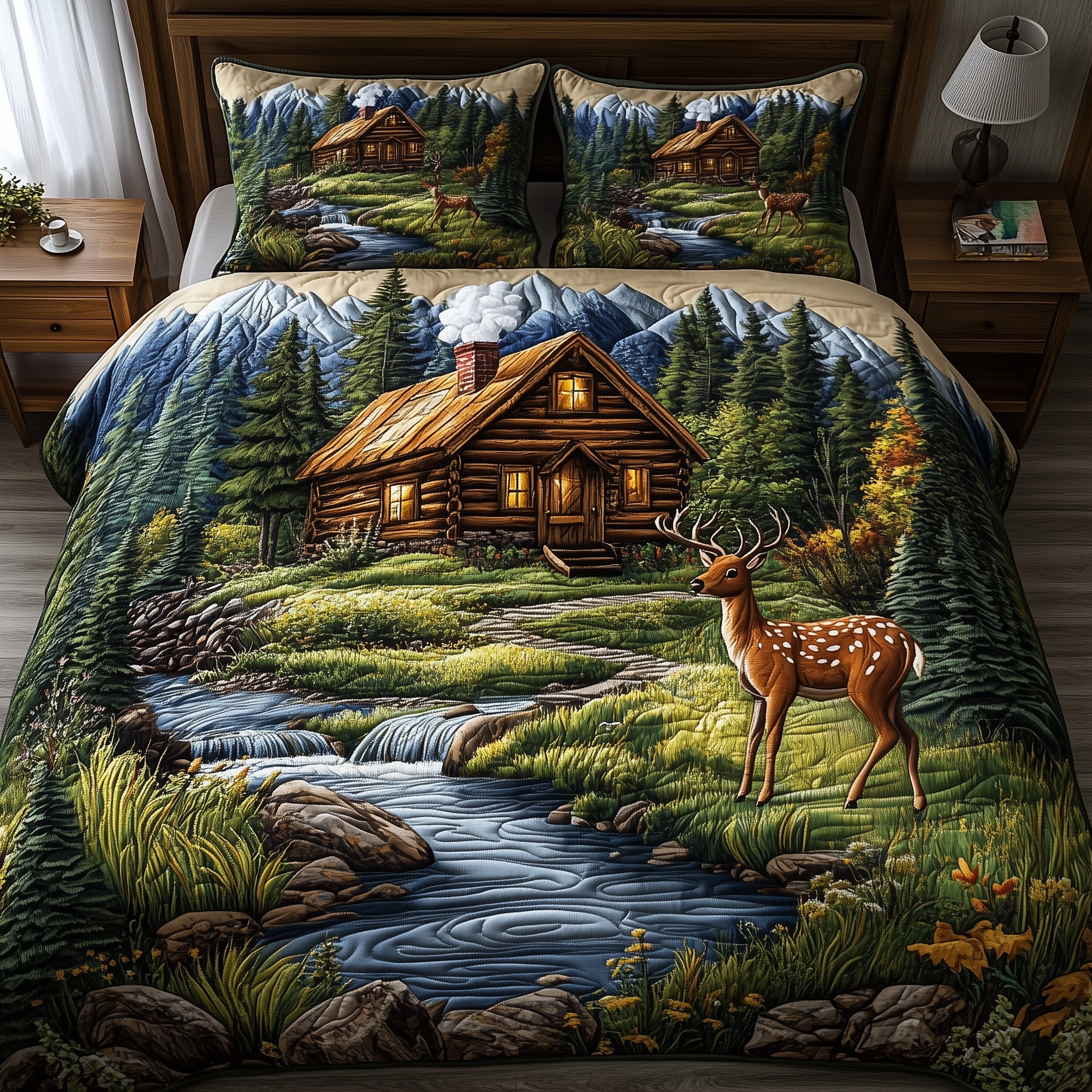 Deer and Cabin Quilted Bedding Set Duvet Cover Merchandise Deer Hunters Gifts For Husband