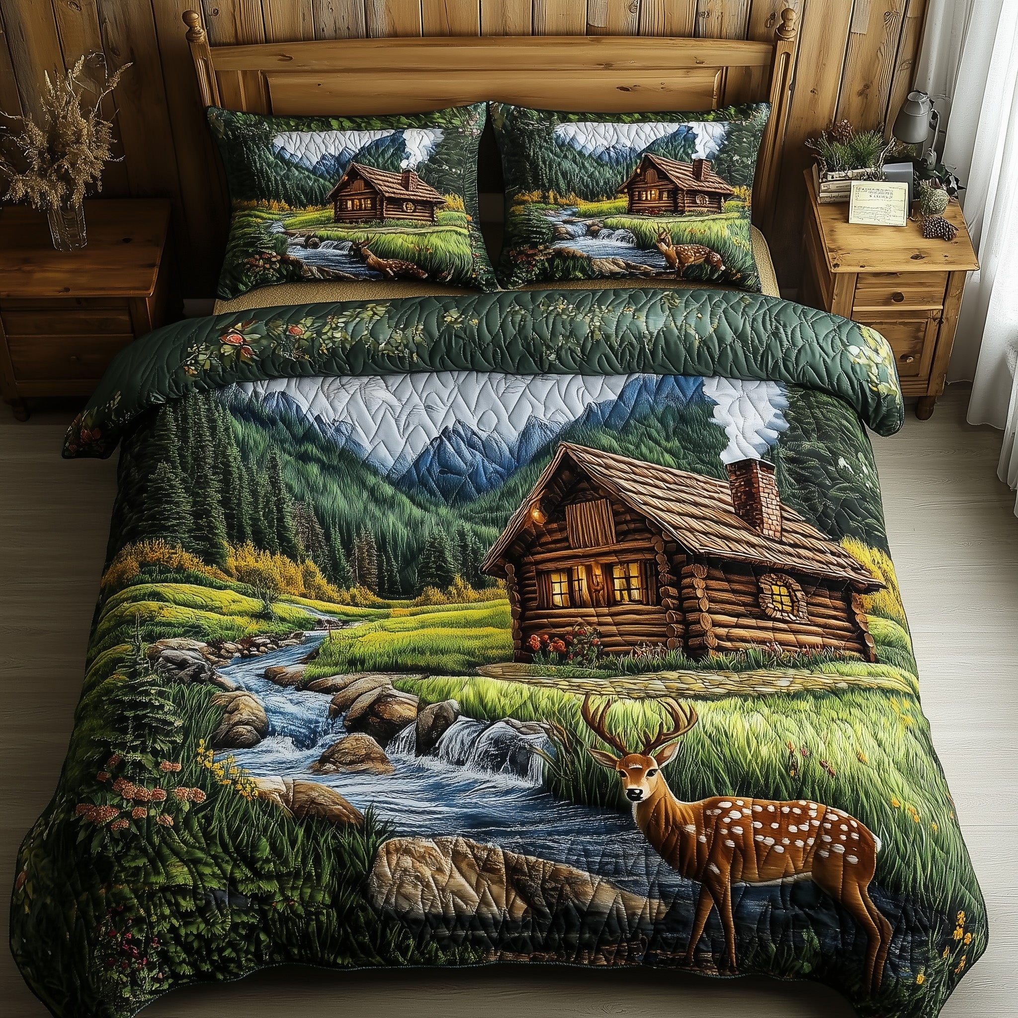 Deer and Cabin Quilted Bedding Set Duvet Cover Merchandise Deer Hunters Gifts For Son