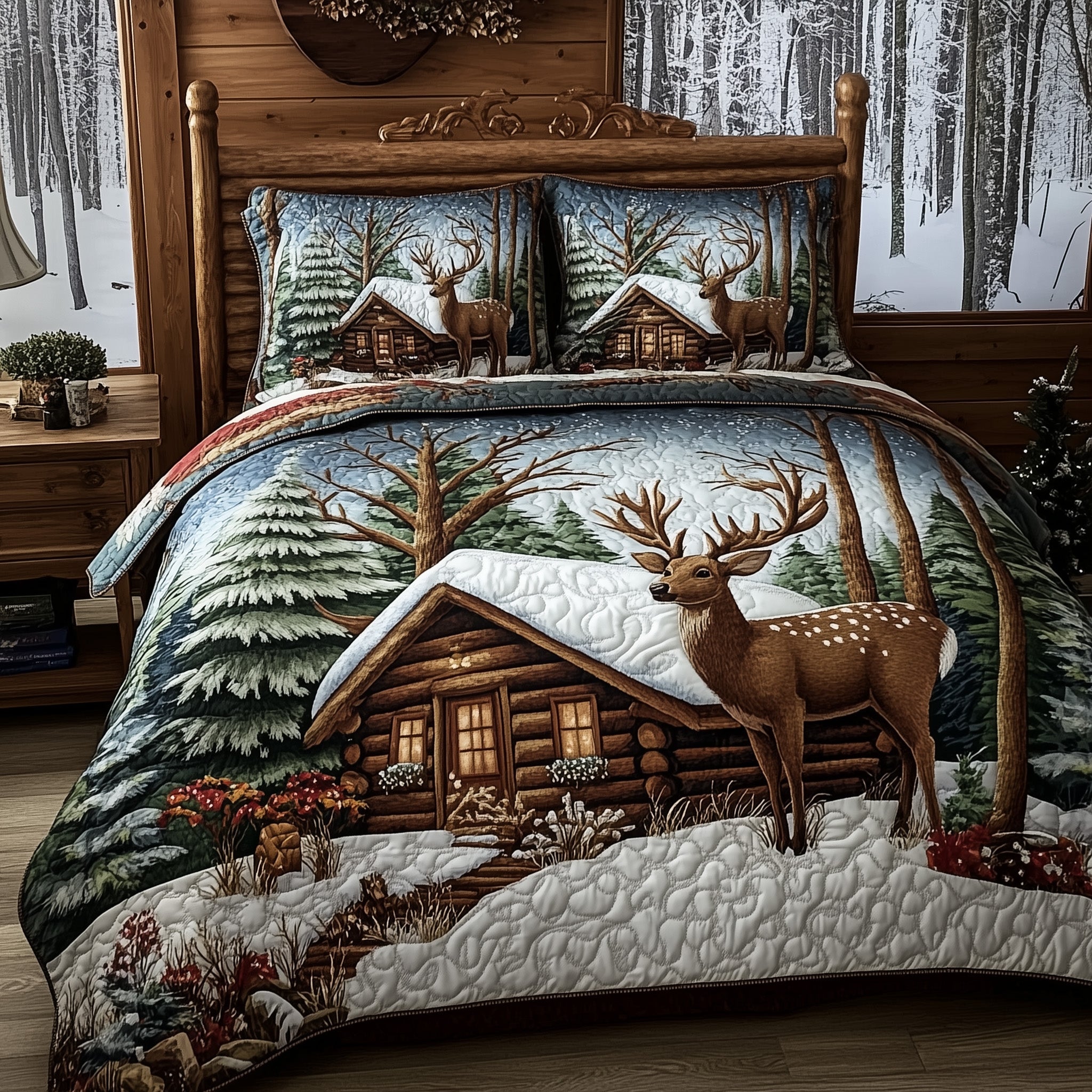 Deer and Cabin Quilted Bedding Set Duvet Cover Merchandise Deer Related Gifts