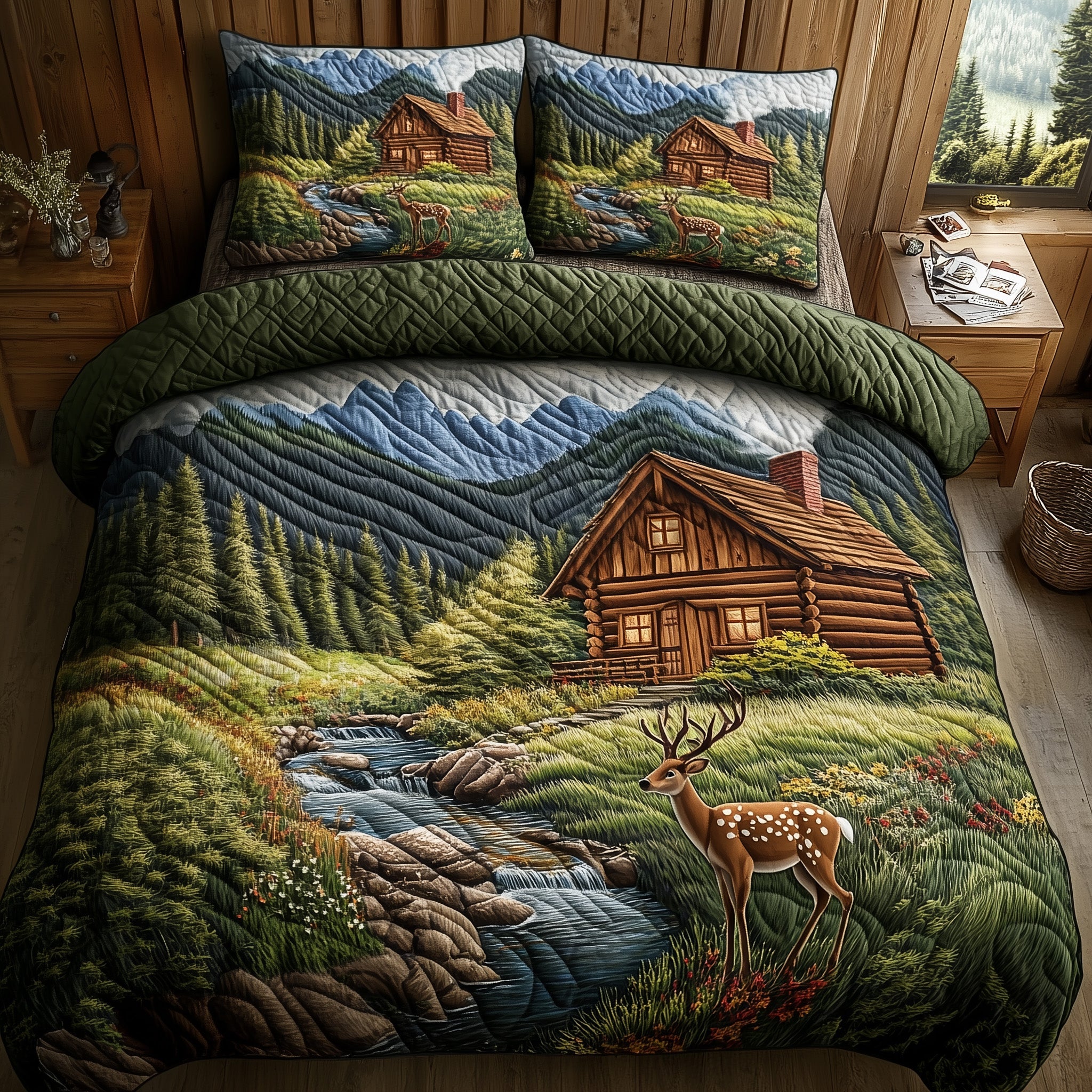 Deer and Cabin Quilted Bedding Set Duvet Cover Merchandise Forest Deer Gifts For Him