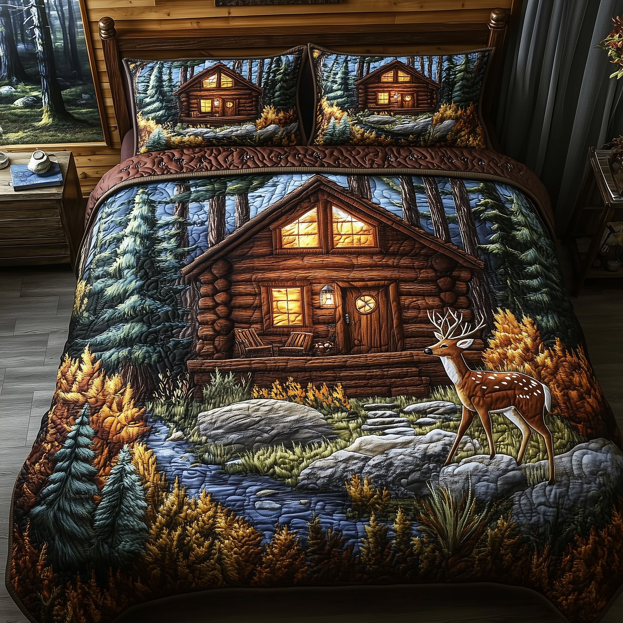 Deer and Cabin Quilted Bedding Set Duvet Cover Merchandise Gift For Deers Hunters Men