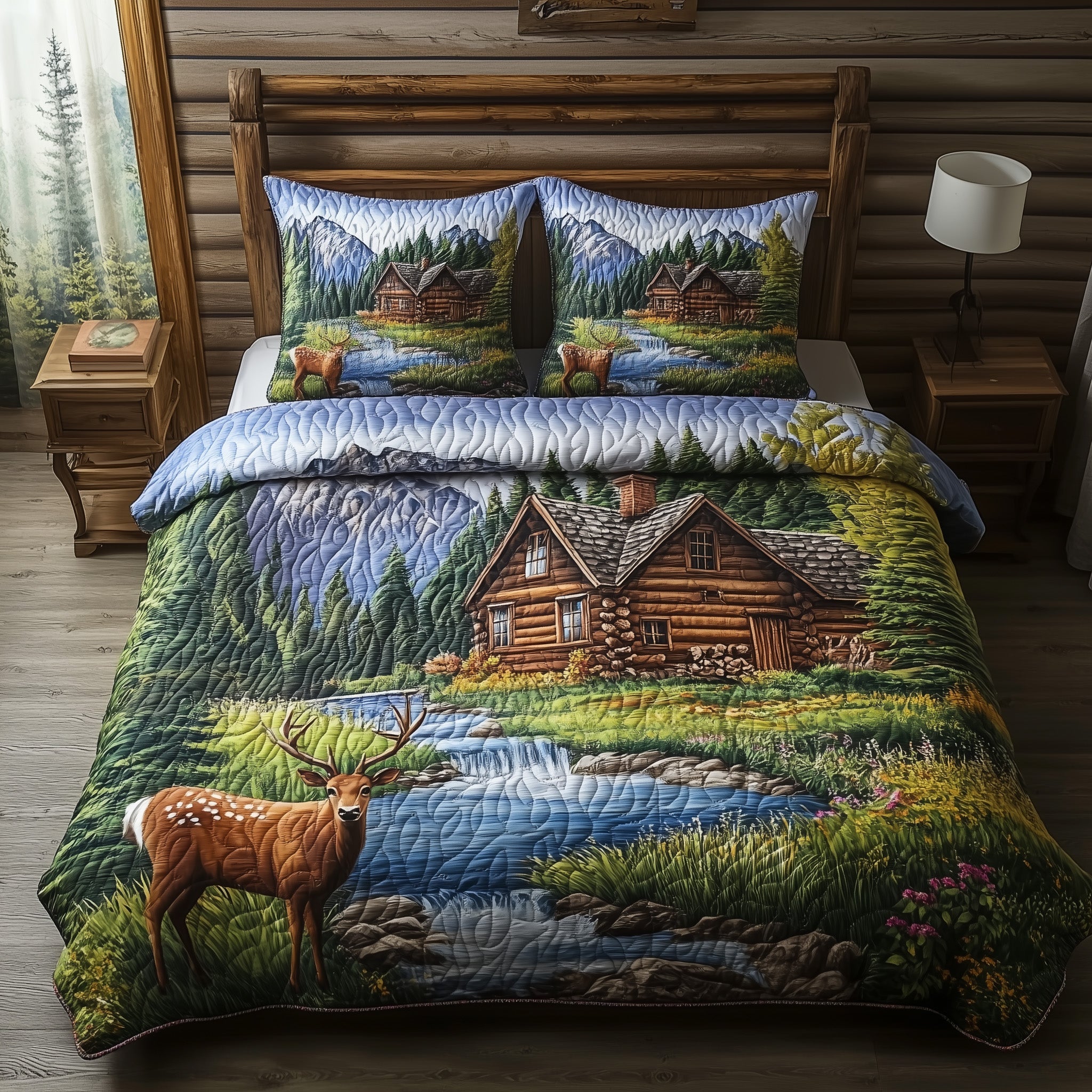Deer and Cabin Quilted Bedding Set Duvet Cover Merchandise Gifts For Deer Hunters