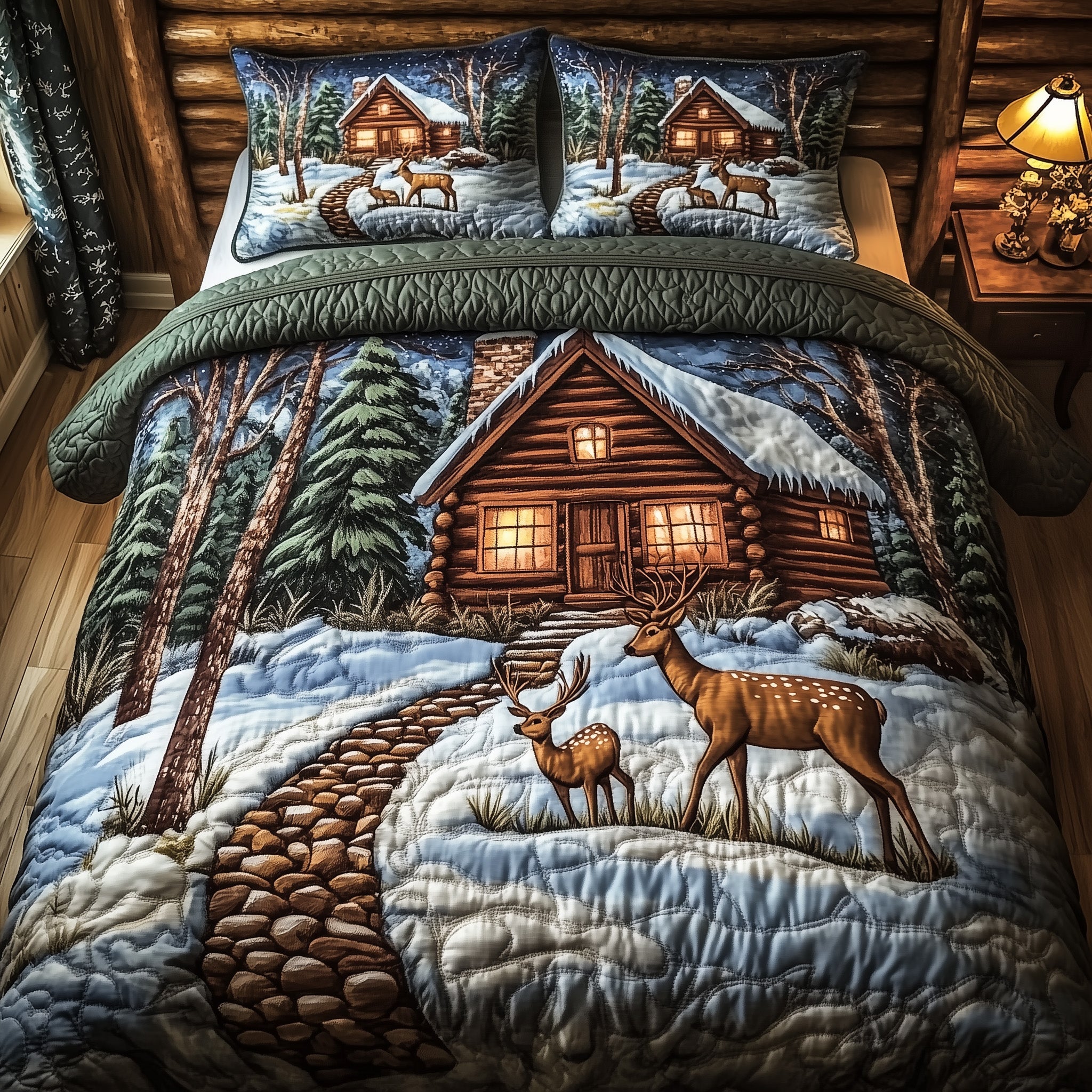 Deer and Cabin Quilted Bedding Set Duvet Cover Merchandise Presents For Deer Hunters