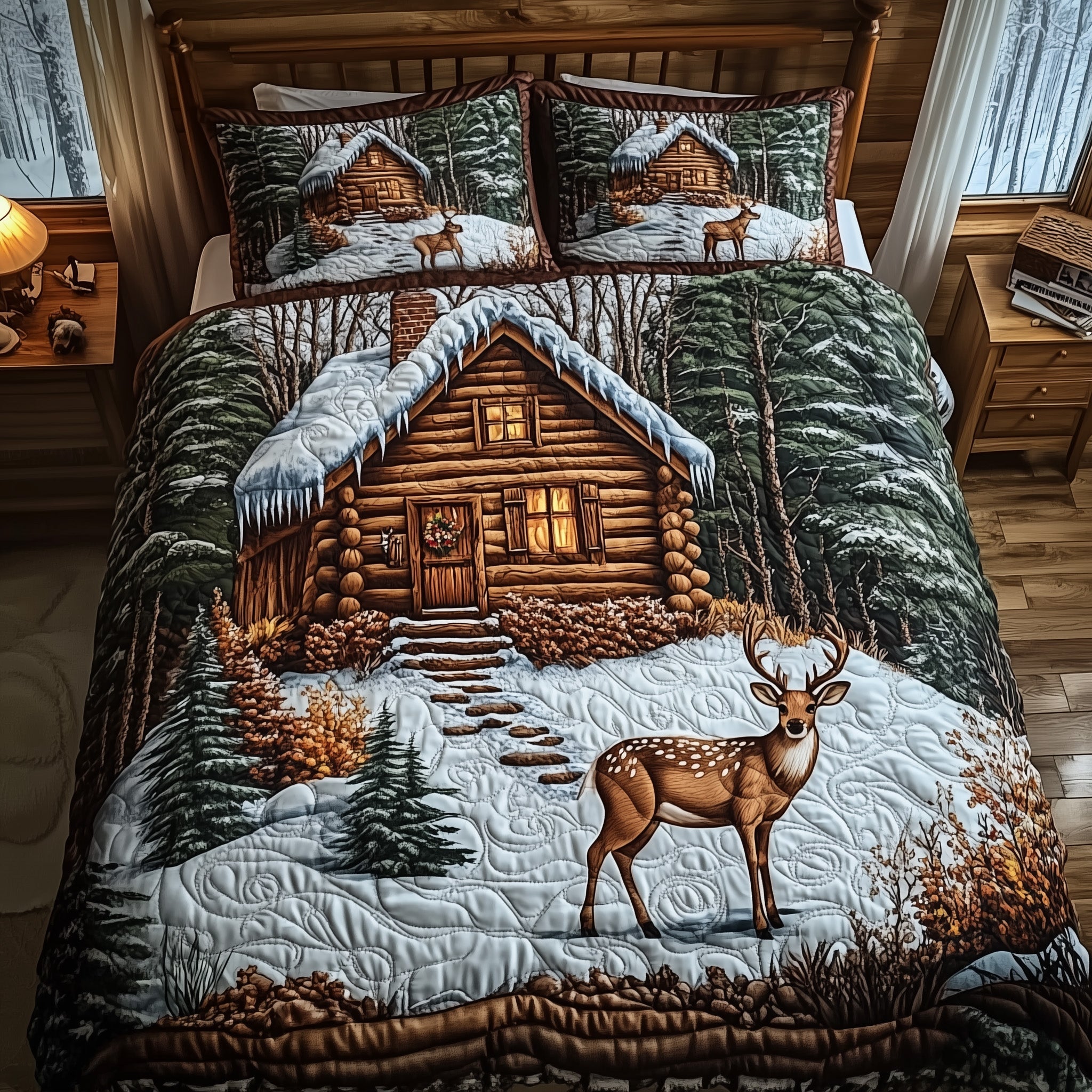 Deer and Cabin Quilted Bedding Set Duvet Cover Merchandise Unique Deer Gifts