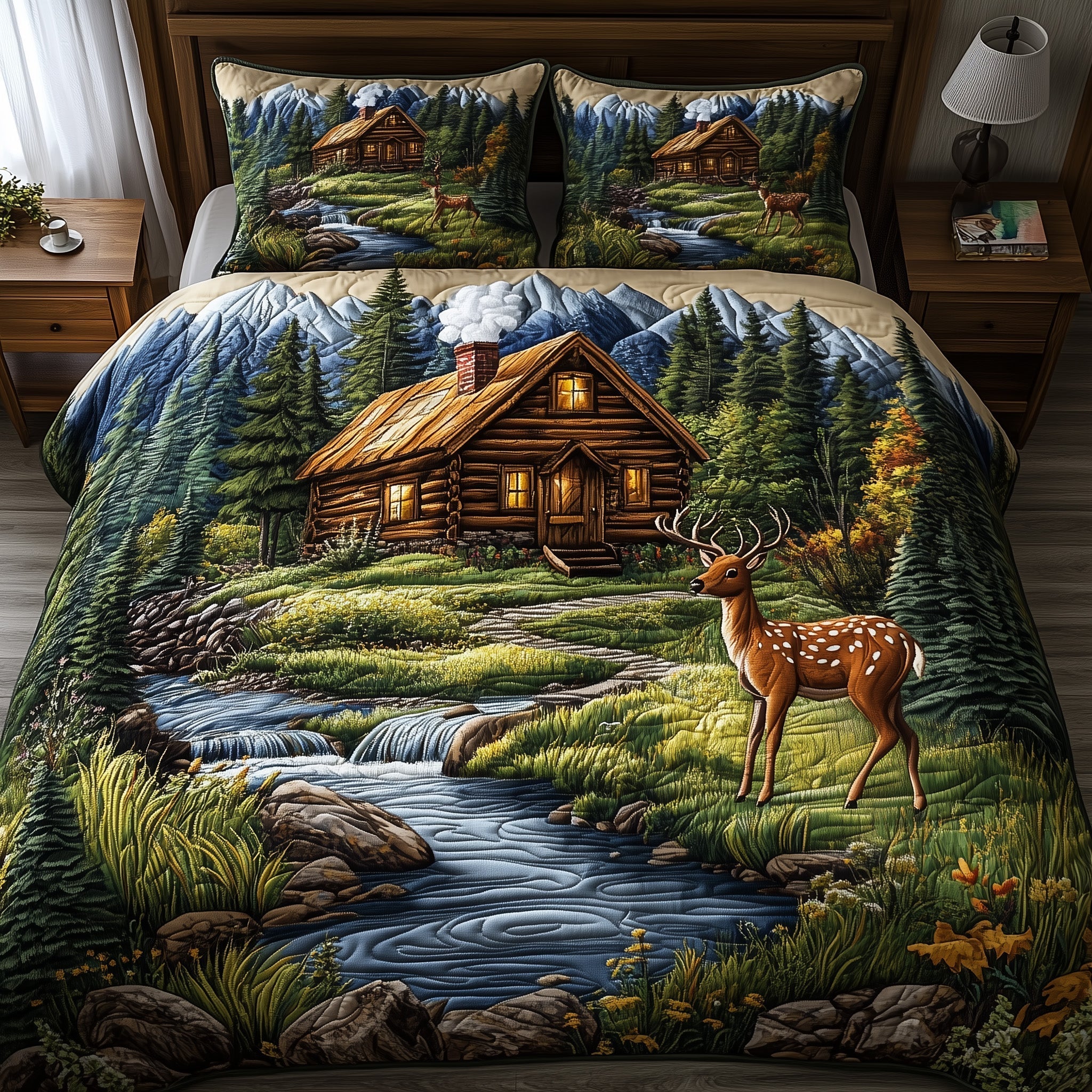 Deer And Cabin Quilted Bedding Set Rustic Hunting Bedroom Decor Best Gift For Hunters