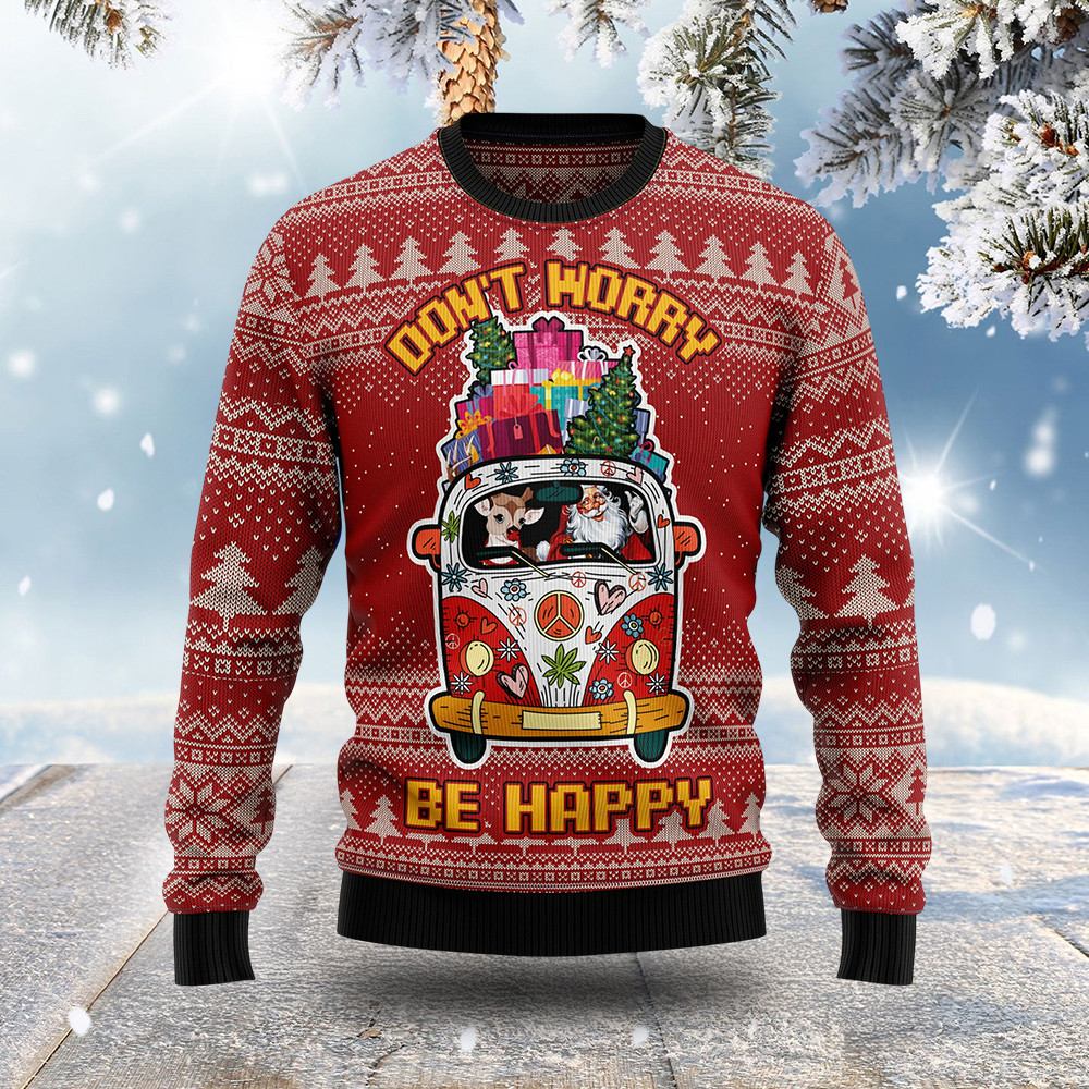 Deer And Santa Hippie Bus Ugly Christmas Sweater Don't Worry Be Happy Santa Claus Xmas Gifts