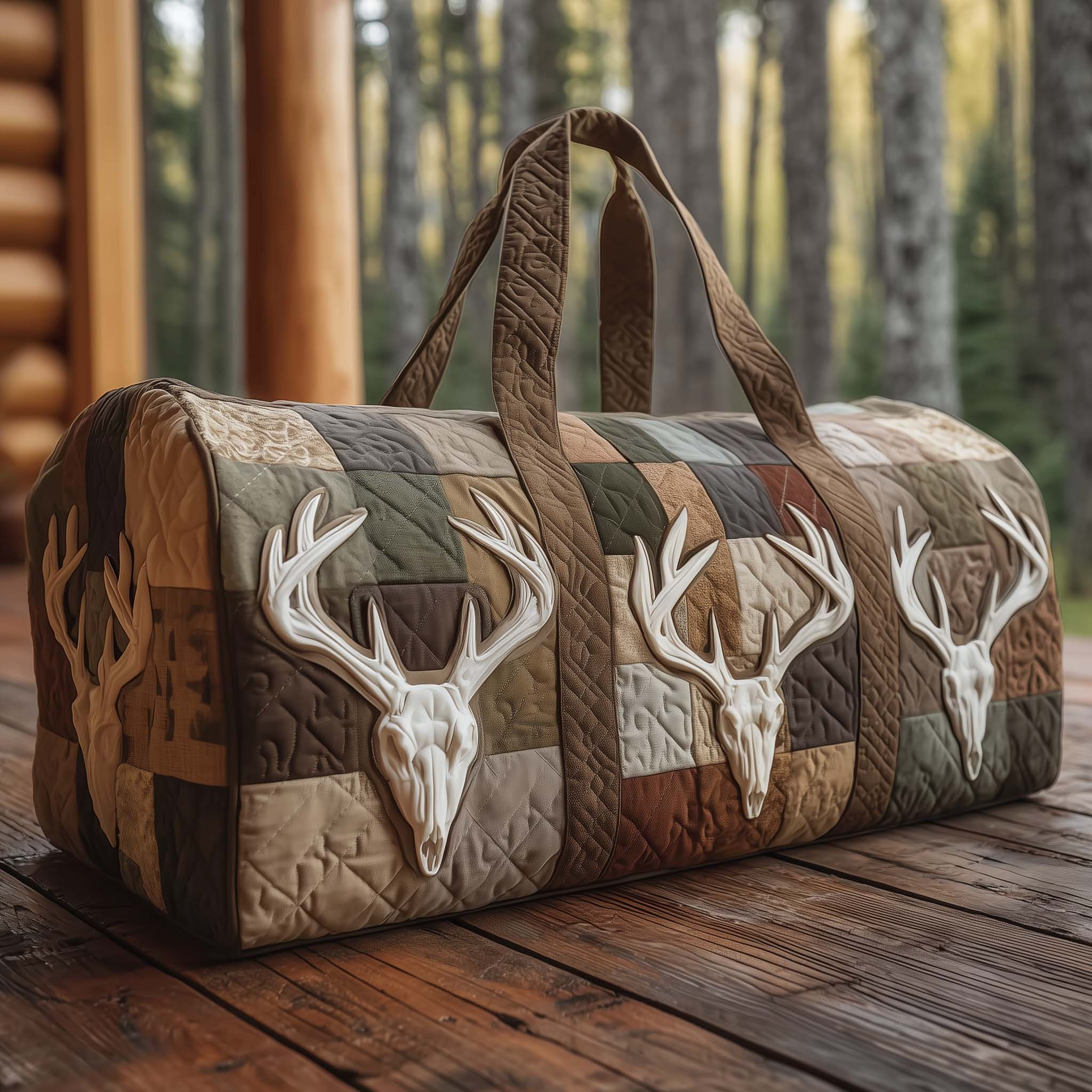 Deer Antler Patchwork Quilted Duffle Bag Earthy Tones Cabin Best Gift For Hunters