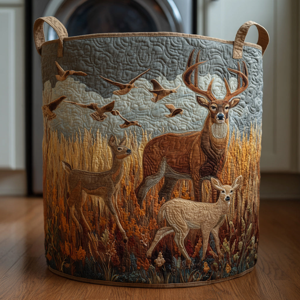Deer Autumn Sky Quilted Laundry Basket Decorative Quilted Laundry Basket for Neat Spaces