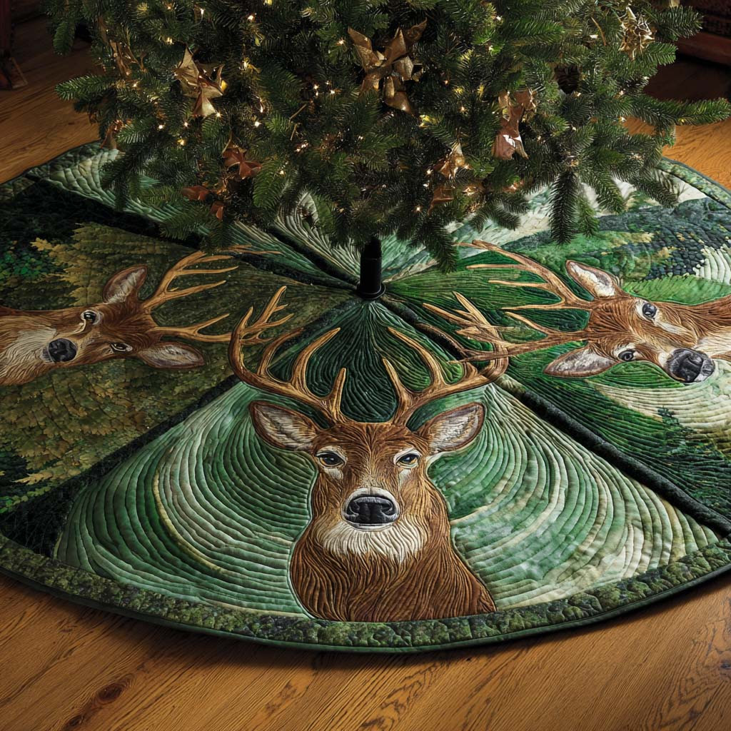 Deer Evergreen King Quilted Tree Skirt Xmas Tree Decor Deer Lover Christmas Gifts