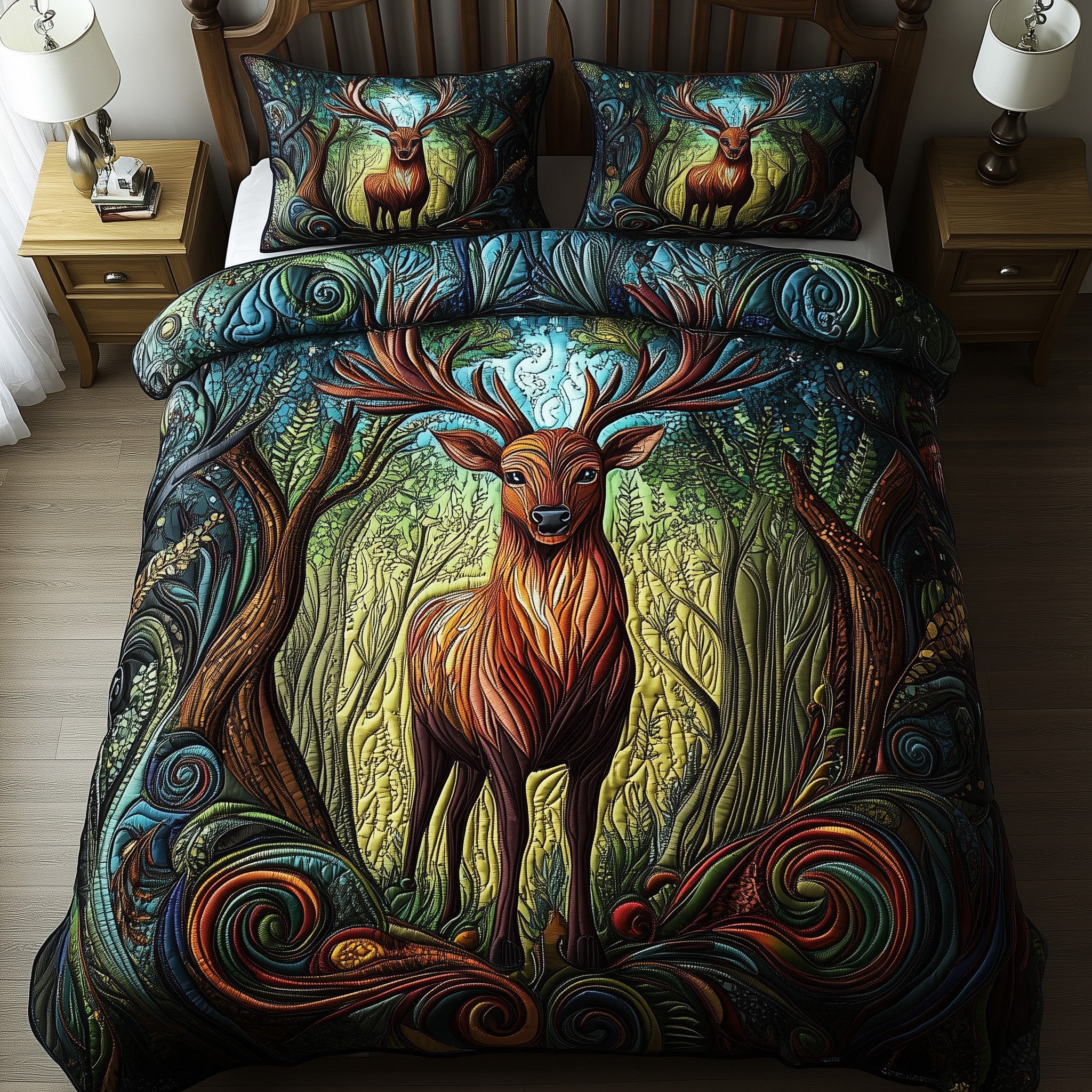 Deer Festive Reindeer Christmas Quilted Bedding Set Duvet Cover Bedspread Deer Gifts