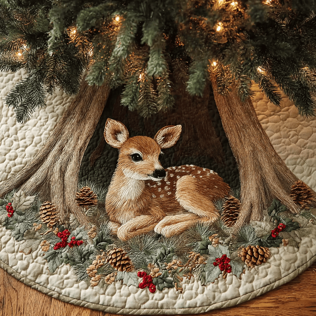 Deer Haven Christmas Quilted Tree Skirt Animal Design Christmas Tree Decor Deer Lover Xmas Gift