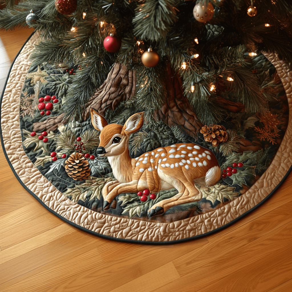 Deer Horizon Christmas Quilted Tree Skirt Animal Themed Xmas Decor Deer Lover Gifts