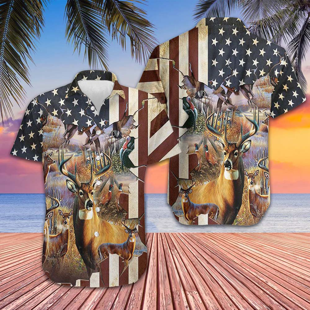 Deer Hunter American Flag Hawaiian Shirt mens button up shirts summer Gift Ideas