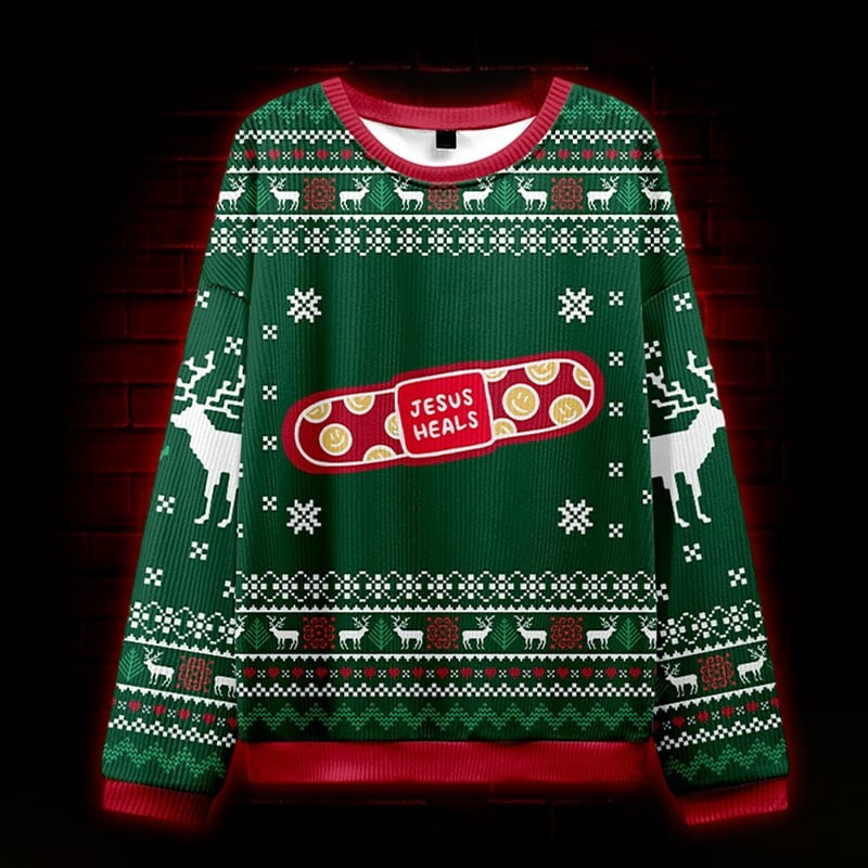 Deer Jesus Heals Ugly Christmas Sweater Cute Xmas Clothing Cozy Gifts For Faith Christians