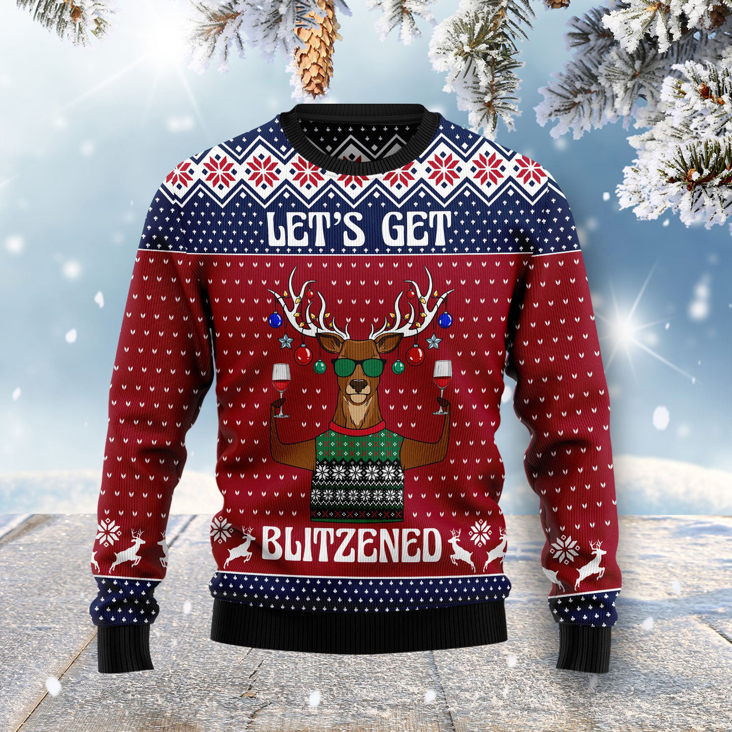 Deer Let's Get Blitzened Slouchy Ugly Christmas Sweater Holiday Wear Animal Christmas Sweater