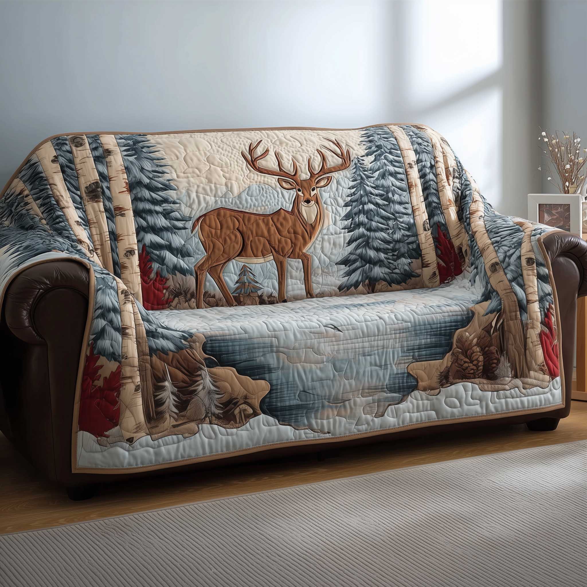 Deer Quilted Sofa Cover Graceful Forest Stag Deer Themed Gifts For Him
