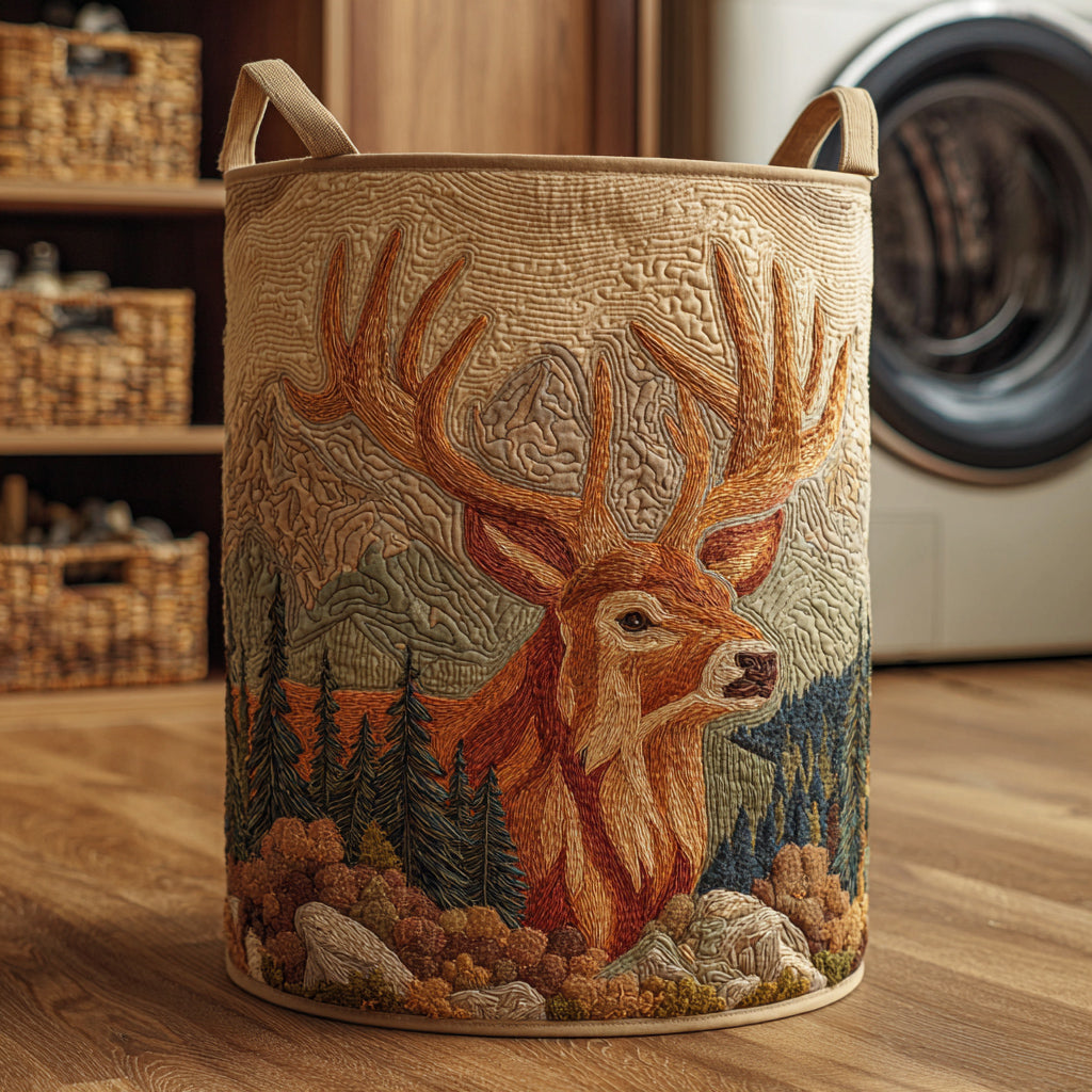 Deer Rocky Ascent Quilted Laundry Basket Elegant Quilted Laundry Bin for Bedroom and Bathroom