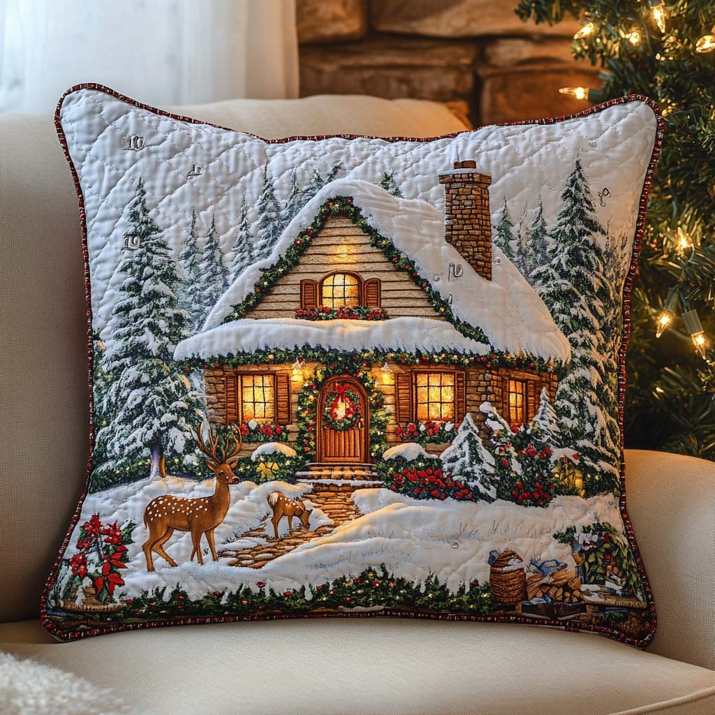 Deer Winter Cabin Quilted Pillow Case Holiday Home Decor Christmas Gifts For Deer Lover
