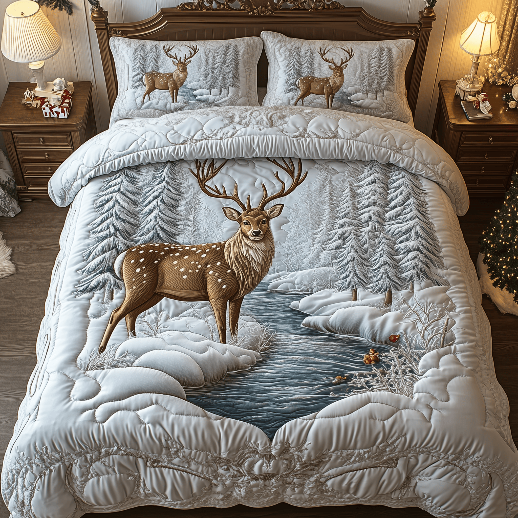 Deer Winter Wonderland Quilted Bedding Set Christmas Gifts For Deer Hunters
