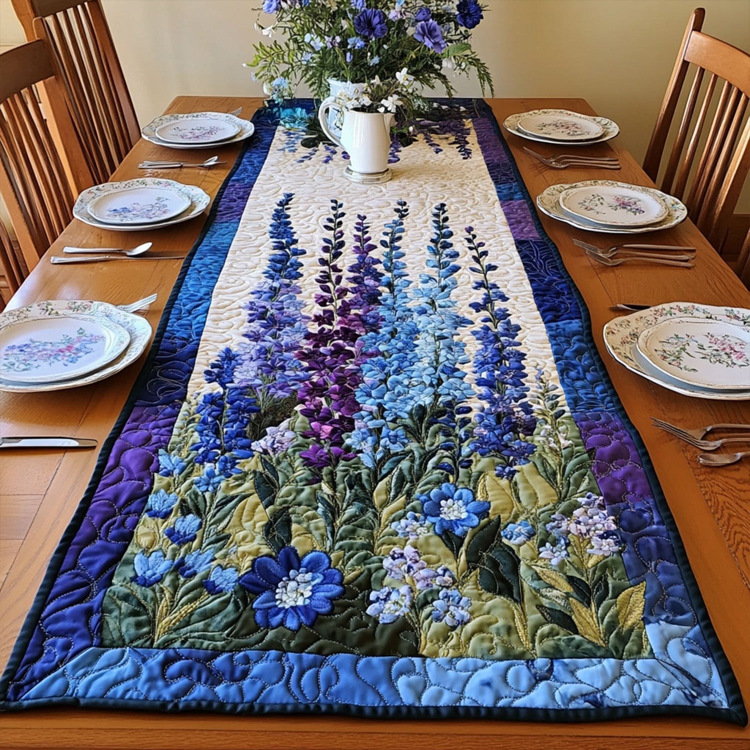 Delphinium Dreams Quilted Table Runner Dining Room Table Decor Ideas Unique Dragon Gifts