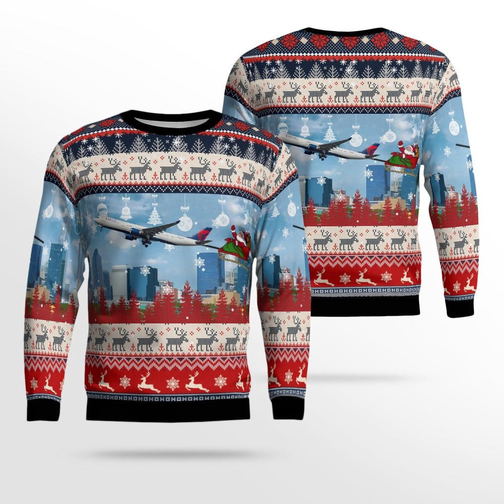 Delta Air Lines A330300 With Santa Over Charlotte Christmas AOP Ugly Sweater Xmas Unisex Sweater Christmas Gifts For Men Women