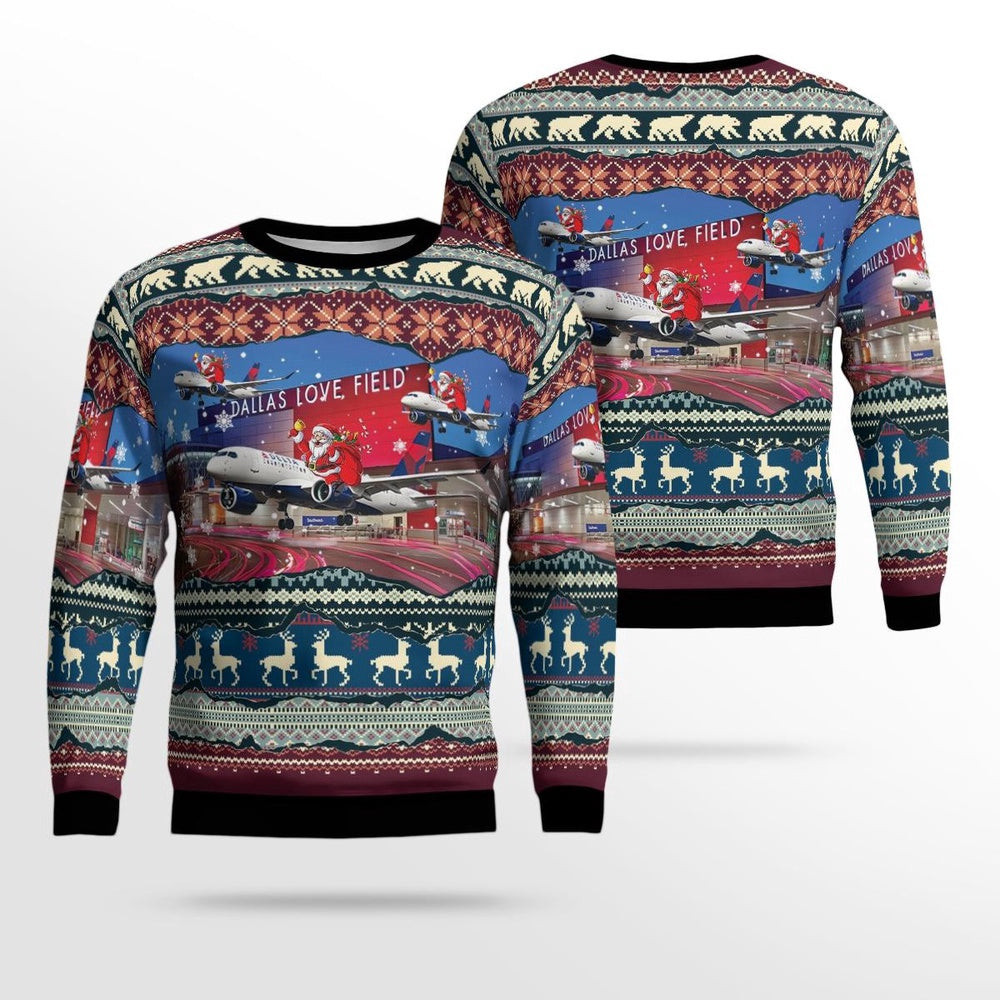 Delta Air Lines Airbus A220300 Flying Over Dallas Love Field Christmas AOP Ugly Sweater Xmas Unisex Sweater Christmas Gifts For Men Women